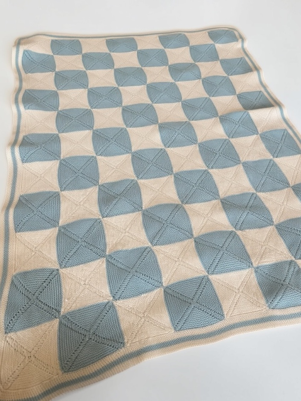 Vintage Hand Knit Baby Blanket Blue White Heirloom Nursery Gift Throw